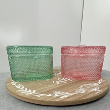 Old East Main Co Glass Trinket Box Set of 2 Pink Mint Green Jewelry Dish picture