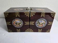 Vintage Asian Style Wooden Jewelry Box Brass Hardware, Abalone Inlay, Drawers picture
