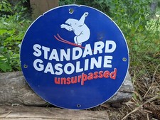 VINTAGE STANDARD GAS UNSURPASSED PORCELAIN GAS STATION PUMP METAL SIGN 12