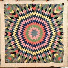 DAZZLING Vintage 1870's Star Burst Antique Quilt ~Great Design & Early Fabrics picture