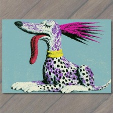 POSTCARD Spotted Dog Punk Hairstyle Yellow Collar Tongue Out Surreal Weird picture