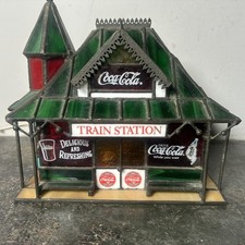 Coca-Cola Stained Glass Train Station Painted Christmas Village House picture