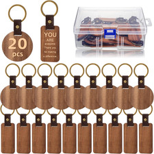 20 Pcs Blank Wooden Keychains Leather Keychains for Engraving Blanks Keychain W picture