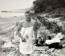Vtg Photo Shirtless Young Man Wearing A Towel At The Beach-Gay Int picture