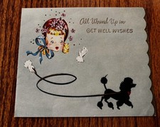 Vintage Used Artistic Embossed Get Well Greeting Card w Black Poodle Dog picture
