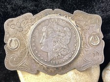 VTG Western Unbranded Sterling 1882-S Morgan Silver Dollar Belt Buckle #094 picture
