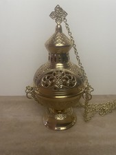 Traditional Triple Chain Brass Church Censer, Thurible w/Liner, Catholic Church picture