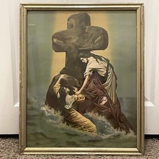 Antique 1911 Rock Of Ages Religious Lithograph Print Framed 17.5” x 22” picture