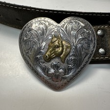 Vintage SILVERKING SILVER OVERLAY Belt Buckle Heart Shaped BRASS color Horse picture