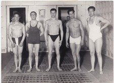 Vintage photo - Five handsome guys model swimsuits in locker room - Gay interest picture