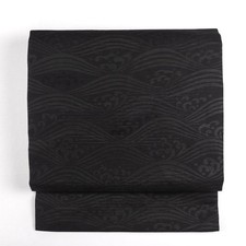 Saichi Silk Nagoya Obi Summer Kimono Belt Black Wave Pattern Excellent Conditio picture