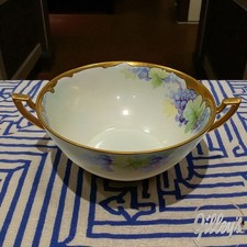 LIMOGES Antique Porcelain Bowl Hand Painted France Grapes Gold Trim Art Deco picture