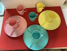 Vintage Hawkeye Melamine Stackable Sectioned Plates & Mugs. Pink, Yellow, Blue picture