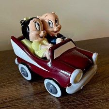 Warner Bros Looney Tunes Porky Pig Vintage Ceramic S & P Set w/ Car Holder 1990s picture
