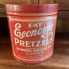 Vintage 1960's Eat Economy Pretzels Red & White Tin Can Allentown PA HE 4-5543 picture
