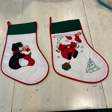 Vintage Embroidered Christmas Stocking Teddy Bear Santa Clause~NEW picture