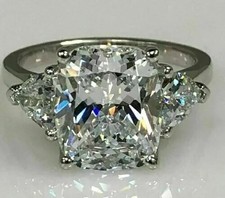 3Ct Cushion Cut Lab-Created Diamond Three Stone Wedding Ring 14K White Gold Over picture