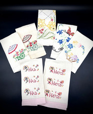 VTG Hand Embroidered His + Hers Towels + 5 Flowered Designs: Beautiful Work picture
