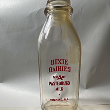 Dixie Dairies Rare Vintage Pasteurized Milk Clear Glass Bottle Prichard, Ala. picture