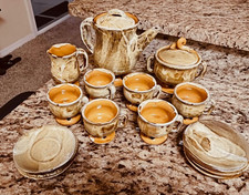 Vintage Handmade Studio Pottery Tea Coffee Set 15 Pc Rustic Footed Cups Orange picture