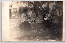 Antique RPPC Women Children Baby on Park Bench Real Photo Postcard picture