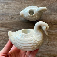 Vintage Set of 2 White Ceramic Swan Candle Holders Pair Animal Theme picture