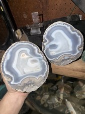 XL ALMOST 9 POUNDS Las Choyas Solid Geode Banded Blue Agate Mirror Polished Pair picture
