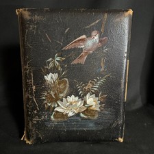 Antique Victorian Leather Photo Album Painted Bird Floral Cabinet Card Empty picture