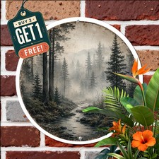 Misty Pine Forest Foggy Wilderness Woodland Round Metal Tin Sign Wall Plaque picture