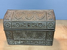 Antique Victorian Brass Letter Caddy Stationery Box Ornate Wood Interior picture