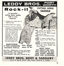 Leddy Bros Boot & Saddlery Rock-It Cutting Horse Saddle Vtg Magazine Print Ad picture