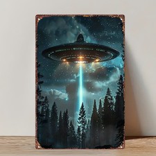 Vintage Featuring UFO Alien Invasion Scene Tin Metal Signs Home Décor 8x12 picture