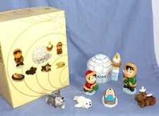 7pc Christmas Nativity Scene Set Alaska Eskimo Igloo Eagle Jesus Moose Figurine picture