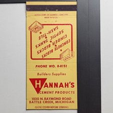 Hannah's Cement Products Battle Creek Michigan Vintage Builder Matchbook picture