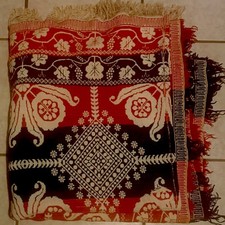 VINTAGE JACQUARD LOOMED KING SIZED COVERLET RED ,WHITE,BLUE picture