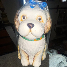 CBK 1992 Ceramic Dog cookie jar  White Tan Green Collar Blue Bow Hand Painted picture
