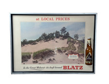 Rare 60s BLATZ Beer Bottle Cardboard Advertising Sign INDIANA DUNES Local Prices picture