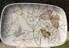 Vtg 1970 Signed Weller Porcelain Tray Platter Hand Painted Butterfly Spiderweb picture