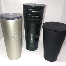 Starbucks Tumblers Lot Dark Green Studded Gold Black Lids No Straw Cold Beverage picture