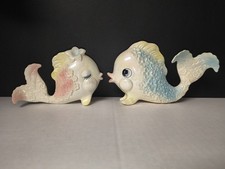 Vintage Norcrest Kissing Fish Ceramic Wall Plaques Pink Blue MCM Retro Decor  picture