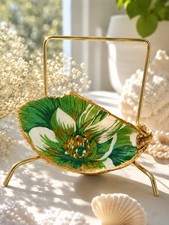 XL 5.5” Handcrafted Decoupage Oyster Shell Trinket Dish Green Floral Gold Rim picture