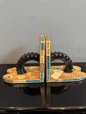 VTG 1970s 1980s Wood Bookends Tire Rubber Racing Theme Unique Retro 70s 80s picture