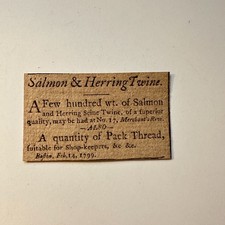 Salmon & Herring Twine Feb 1799 Merchant's Row Boston 1799 Clipping 5AK9-S8 picture