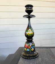 Vintage Ukranian hand-painted wooden candle holder black with floral Bird design picture