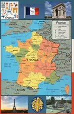 Map of France, Flag, Louvre, Eiffel Tower, Paris, Seal etc. --- Modern Postcard picture
