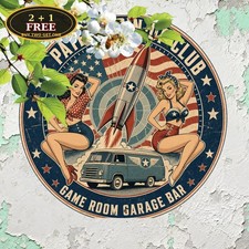 Retro American Pinup Girl Metal Sign Round Vintage Wall Plaque picture