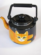 Vintage Martin Leman Orange Cat Black Enamel Teapot Tea Kettle w Lid & Handle R7 picture