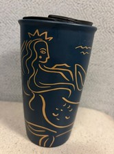 Starbucks Siren Mermaid Ceramic Tumbler Navy Blue Gold 12 oz Anniversary 2017 picture