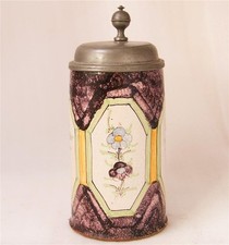 Antique German Faience Beer Stein with Floral Bouquet Amberg Factory late-1700s picture