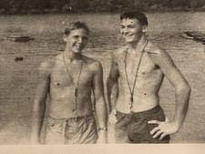 Vintage Photo Young Men Shirtless Handsome Lake, 4”x2.5” B&W, C1950’s picture